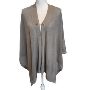 Calvin Klein Poncho Sweater Cape One Size Taupe Gray Metal Clasp Open Knit
